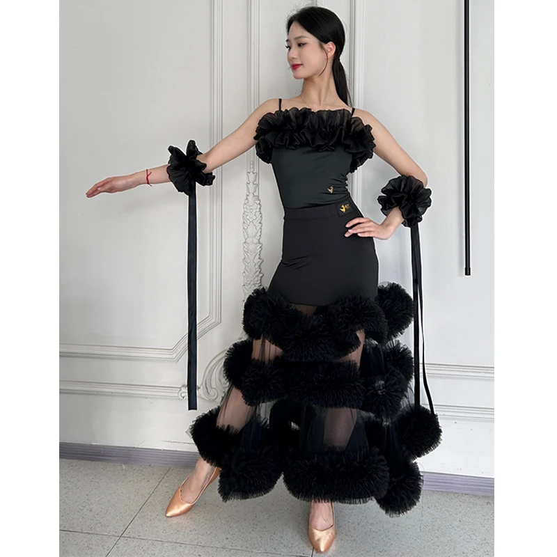 

New Ballroom Dance Dress Women Competition Clothing Ruffled Tops Design Sense Mesh Ballroom Skirt Waltz Performance Wear BL13236