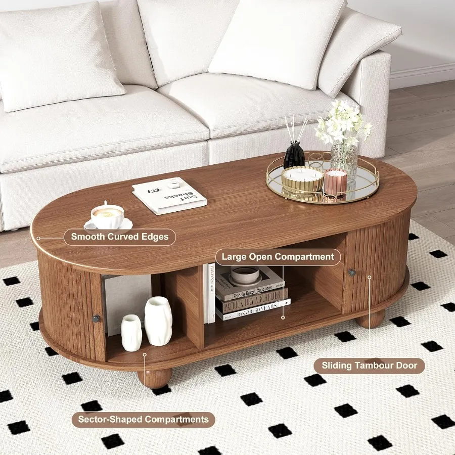 

47.3 Oval Coffee Table With Storage Mid Century Modern Coffee Table With Sliding Tambour Doors Wood Fluted Accent Center Table
