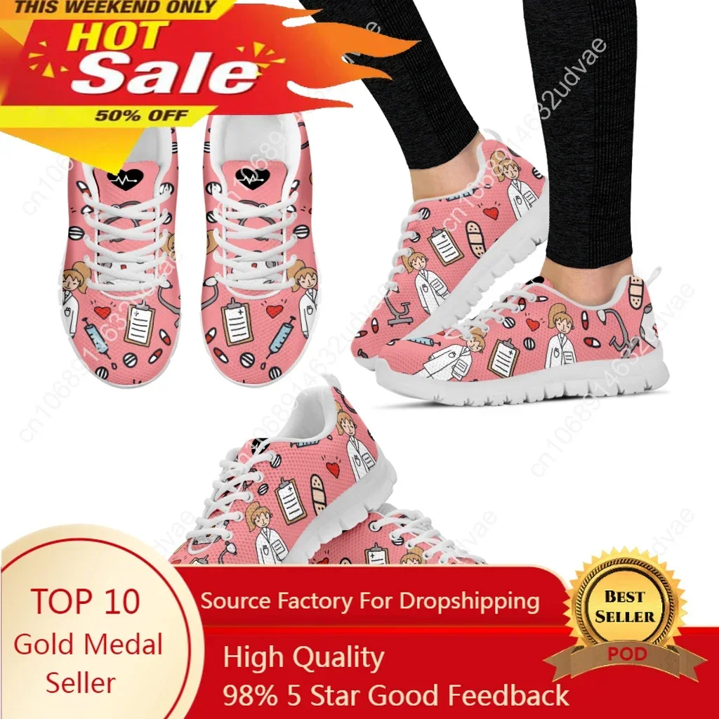 

Pink Blue White Nurse Doctor Pattern Woman Flats Lace Up Shoe Sneakers Breahtable Spring/Autumn Shoes 2022