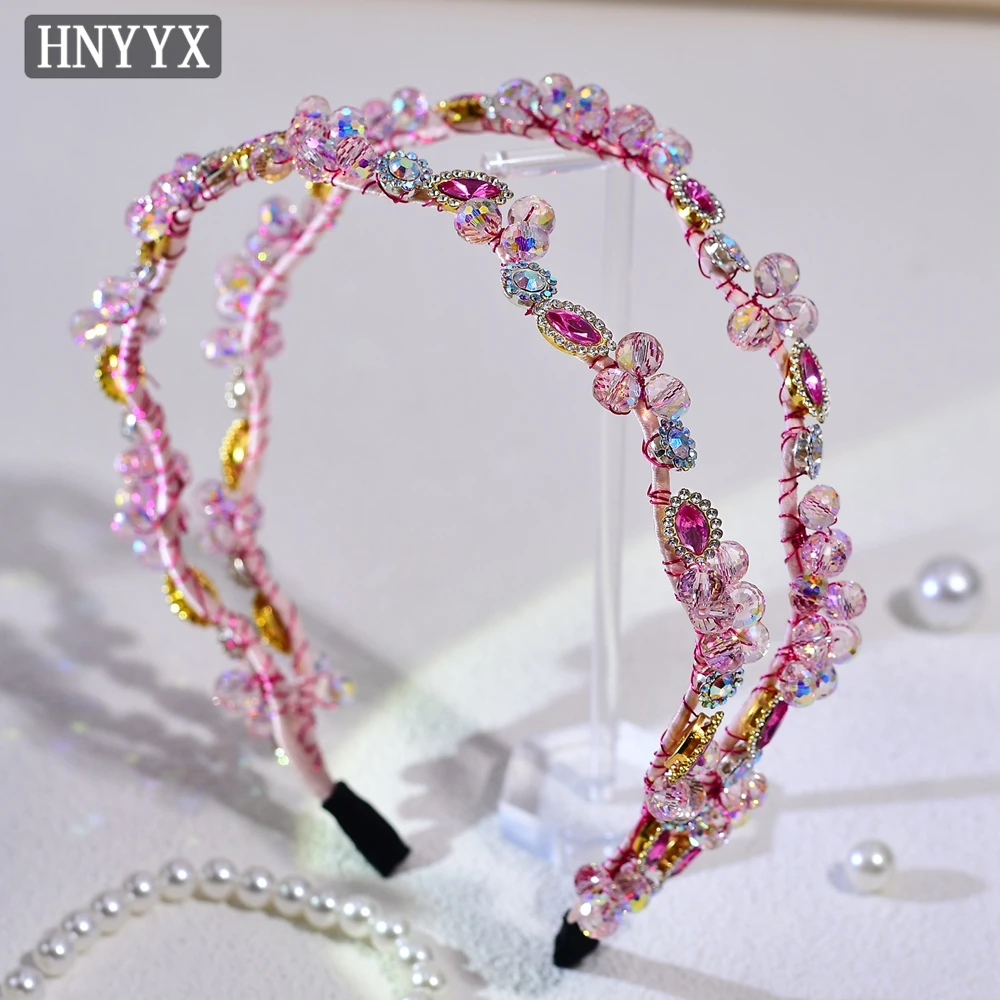 HNYYX Shiny Pink Full Rhinestone Princess Headband Crystal Baroque Hair Accessory Women's Hair Hoop Girls Wedding Headwear A162