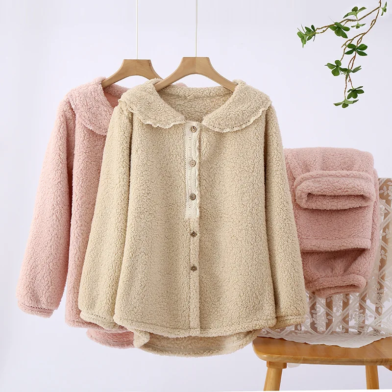 

Lambswool Warm Homewear Two-piece Suit Turn Down Collar Loose Coats Elastic High Waist Trousers Winter Thick Women Pajama Set