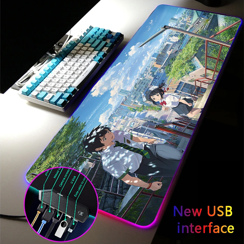 

MRGLZY Anime Your Name RGB Gaming XXL Large Mouse Pad LED 4-Port Mousepad Carpets USB Hub Games Computer PC Mouse Mat for Csgo