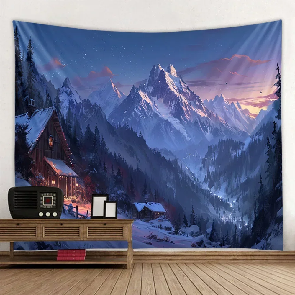 Forest wooden house tapestry hanging wall, snow mountain landscape, Bohemian tapestry, hippie living room wall background cloth