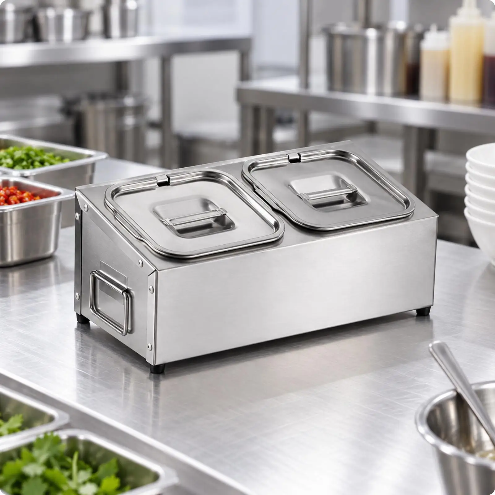 Silver Finish Condiment Holder Rack for Kitchen Counter Sauce Dispenser Storage with Hinged Lid Pans