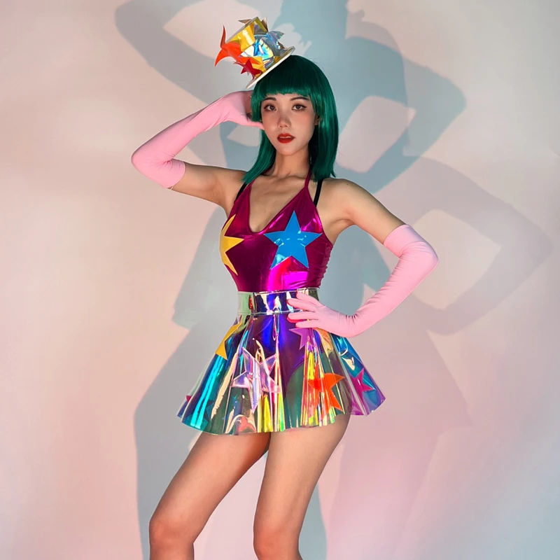 

Bar Nightckub Ds Party Jazz Dance Costumes Colorful Star Bodysuit Laser Skirt Hat Clothing Women Stage Performance Outfit 4285