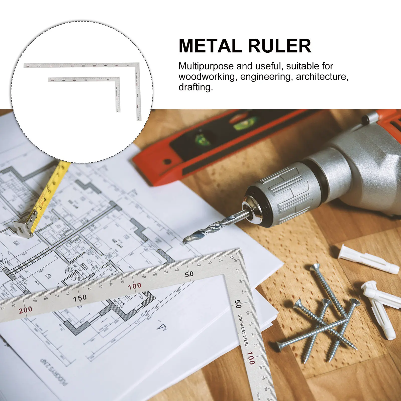 2Pcs Stainless Steel L-Square Ruler Sturdy Metal Tool for Accurate Drawing Drafting Woodworking Engineering Metal Ruler