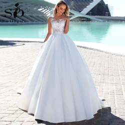 SoDigne Satin Country 2023 Wedding Dresses Sleeves Beads Belt Lace Appliques Princess Wedding Gowns for Women Bride