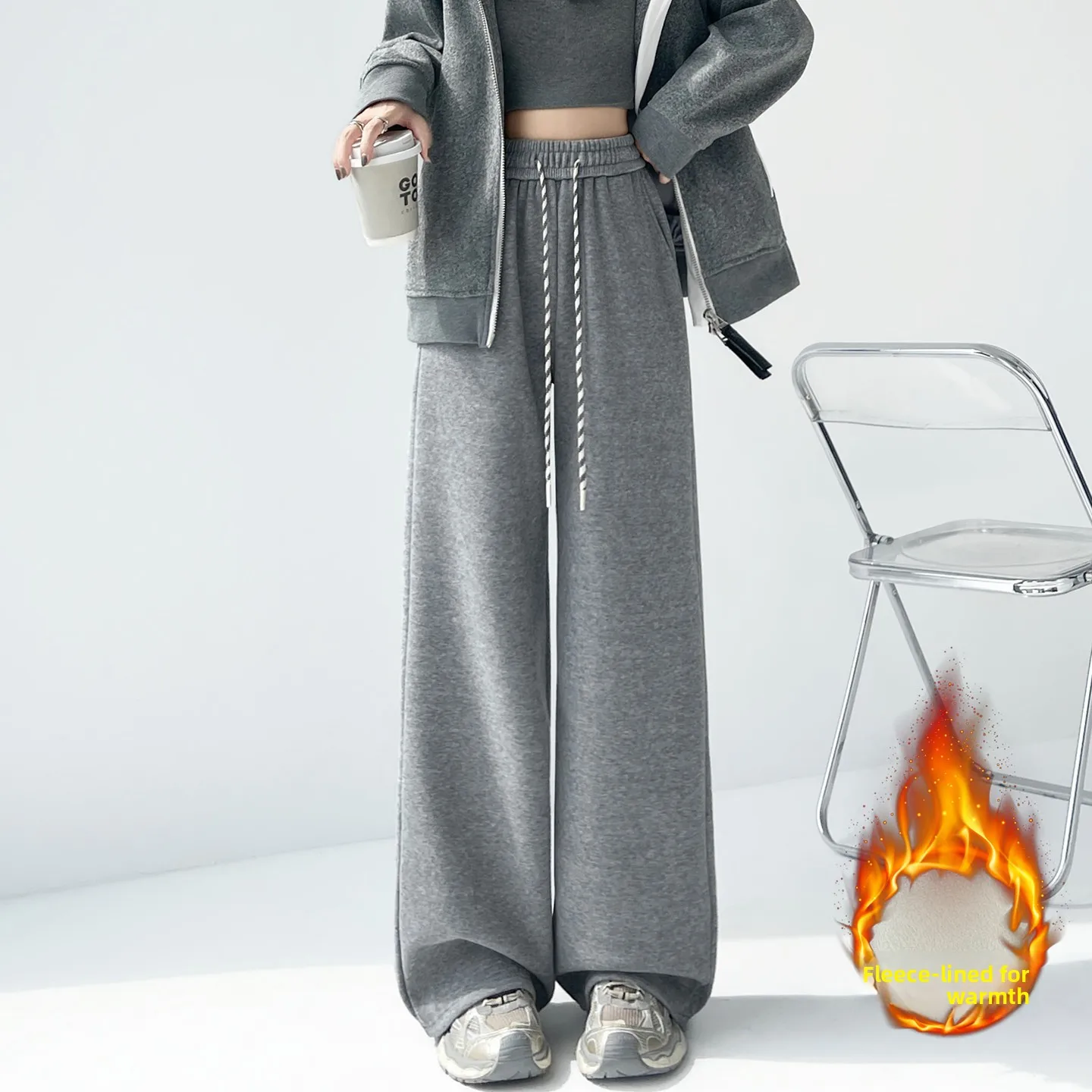 High Waist Wide Leg Pants Women's Fce Lined Camere Loose Fit Casual Straight Leg Floor Length Trousers Korean Sle