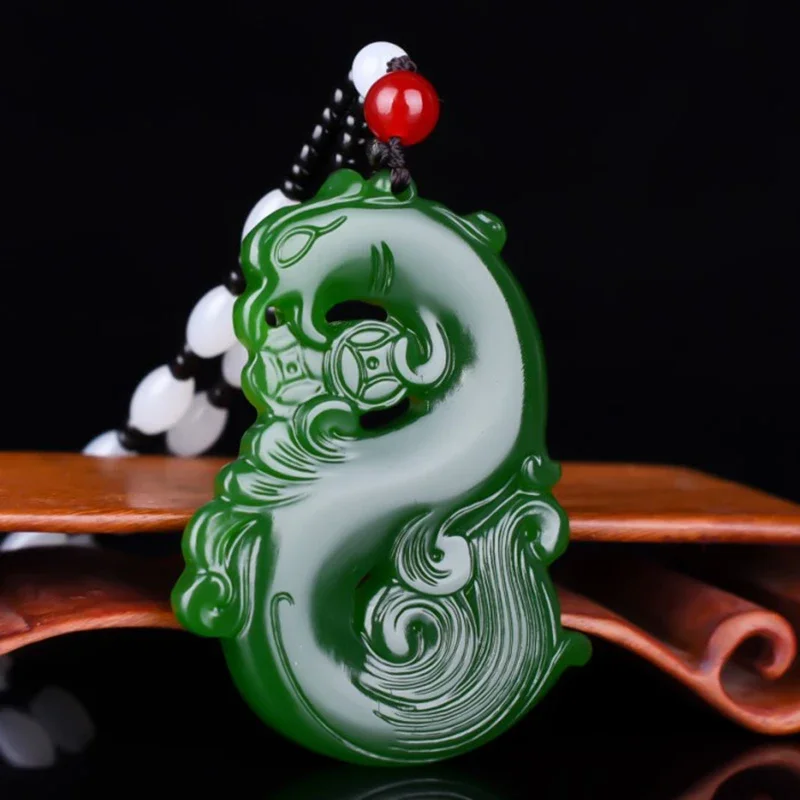 Chinese Green Jade Dragon Phoenix Jade Pendant Jewelry Lucky Auspicious Amulet  Necklace Pendants Jade Fine Jewelry