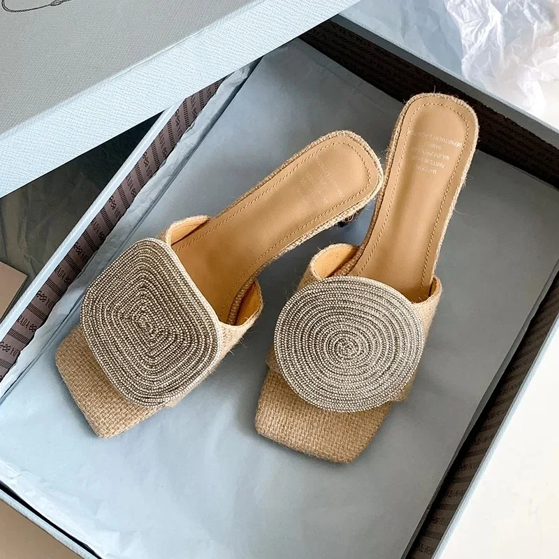 

Women's Summer Shoes Hemp Slippers Thin Heel Sheepsuede Casual Sandals Open Toe Leather Sandals Crystals Circle Buckle Footwear