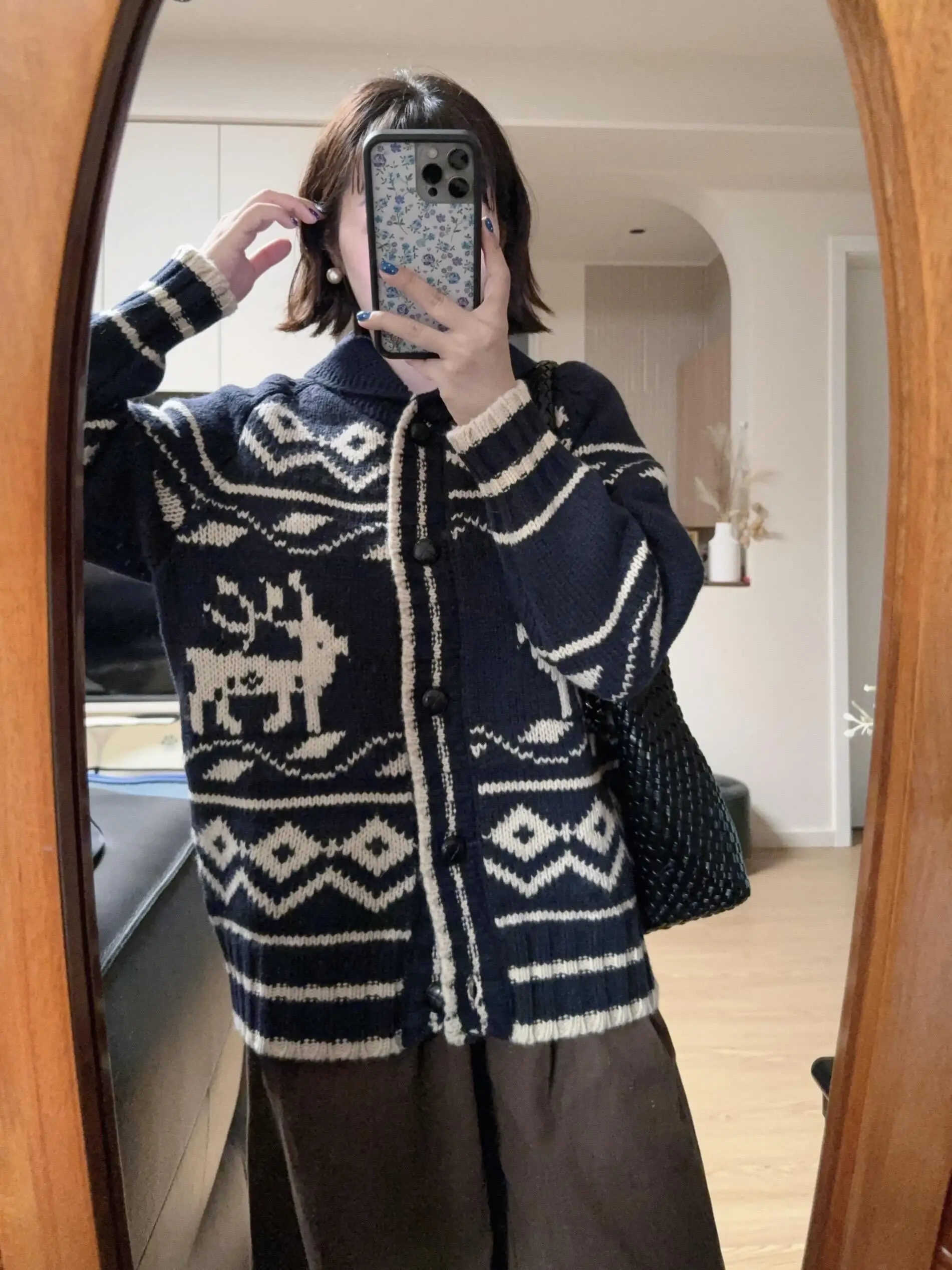 American Retro Fair Isle lavorato a maglia cardigan aperto maglione da donna sciolto autunno inverno pigro Sle alta sensazione mattina campana Eve...