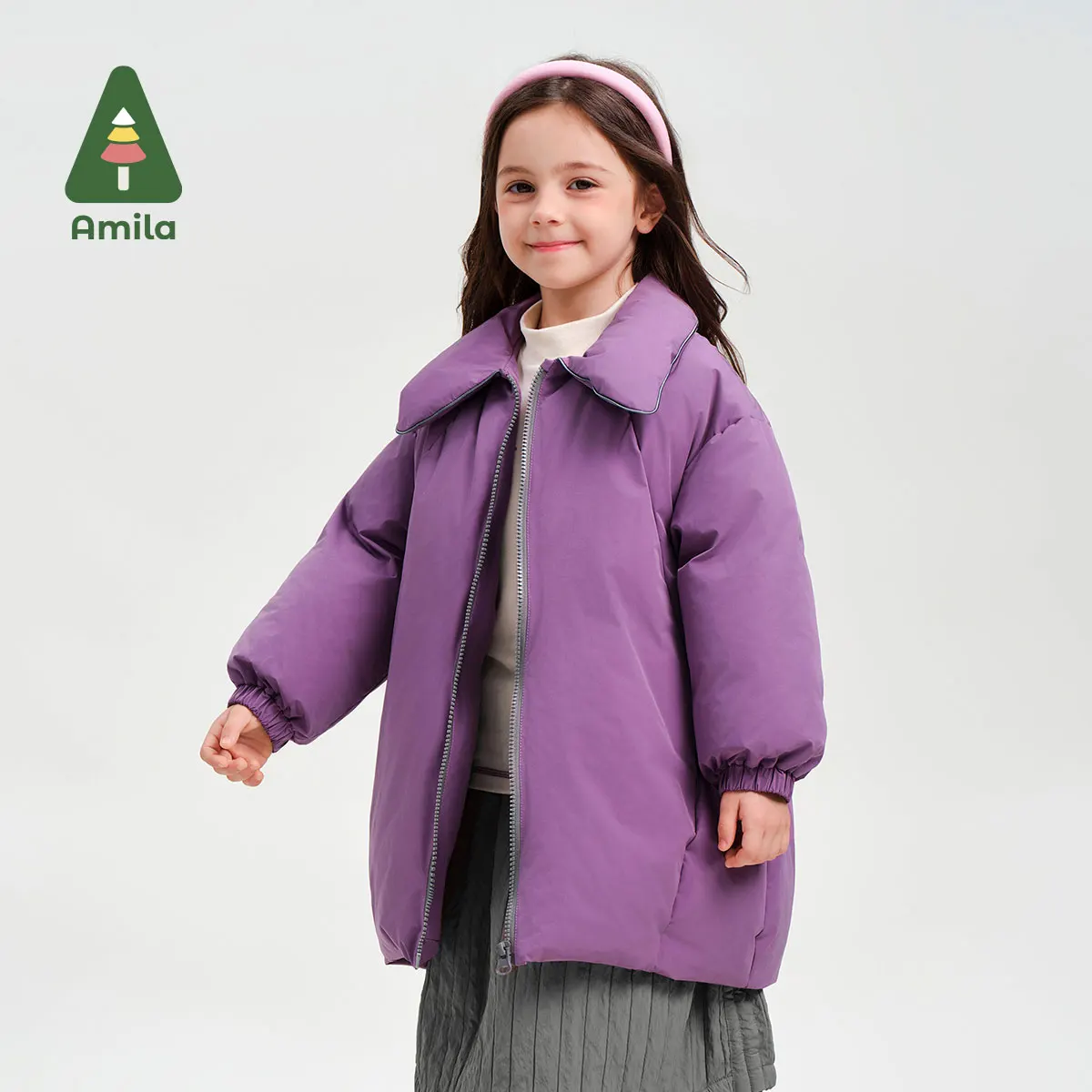 Amila Baby Cotton Clothes 2024 Winter New Girls Purple Lapel Basic Warm Skin Friendly Soft Loose Casual Children‘s Jacket