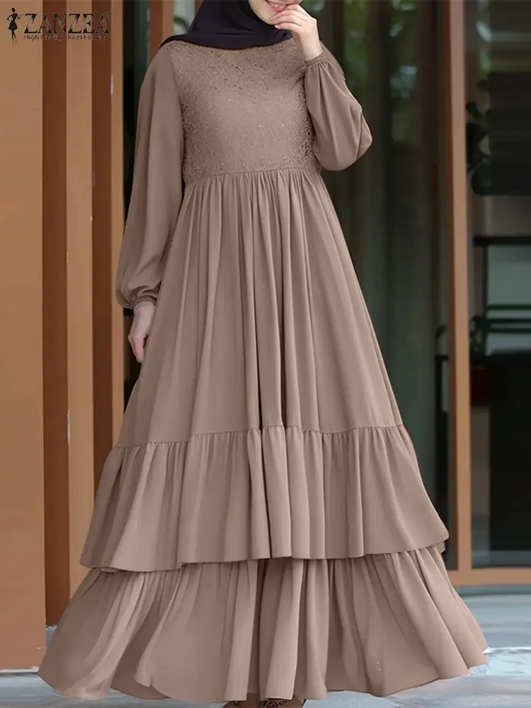 ZANZEA 2025 Jesienna Sukienka Letnia Patchworkowa Moda Damska Sukienki Maxi Szata Damska Elegancka Długa Sukienka Muzułmańska Abaja Turcja Dubaj Kaftan