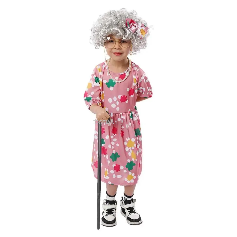 

2025 Chlidern Grandma Cosplay Costume Old Lady Fantasy Dress Wig Cane Outfit Halloween Carnival Party Stage Performance Dress Up