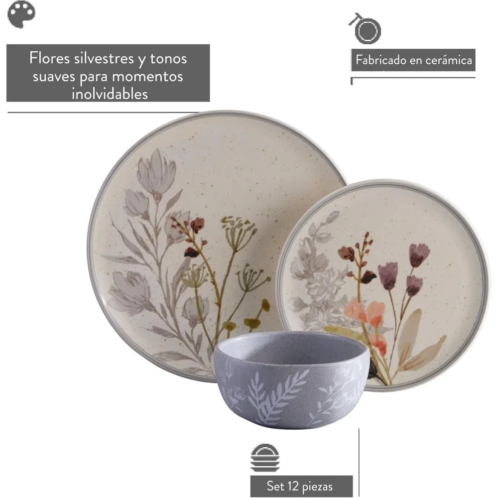 طقم أواني طعام سيراميك أنيق مكون من 12 قطعة من كورونا |   الأطباق والأوعية |   تخدم 4 |   اناستازيا