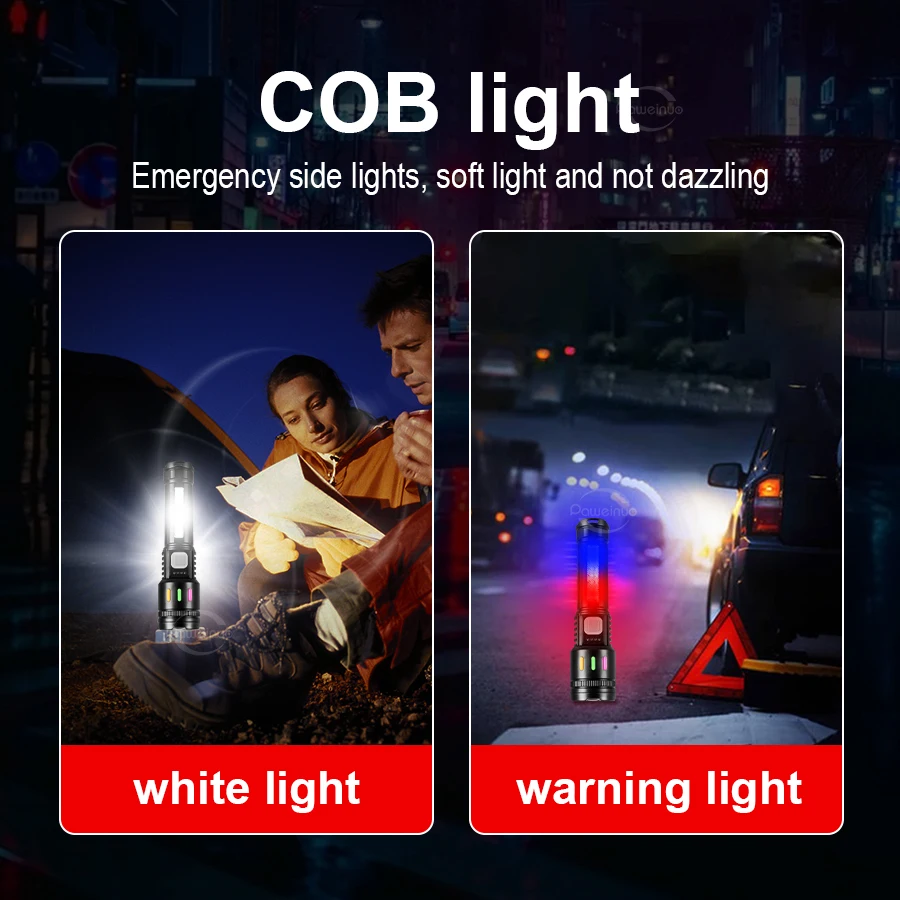 High Power 5 Modes Flashlight Type-C Rechargeable Lantern with Emergency Side Lights Zoom Tactical Torch for Fishing Camping