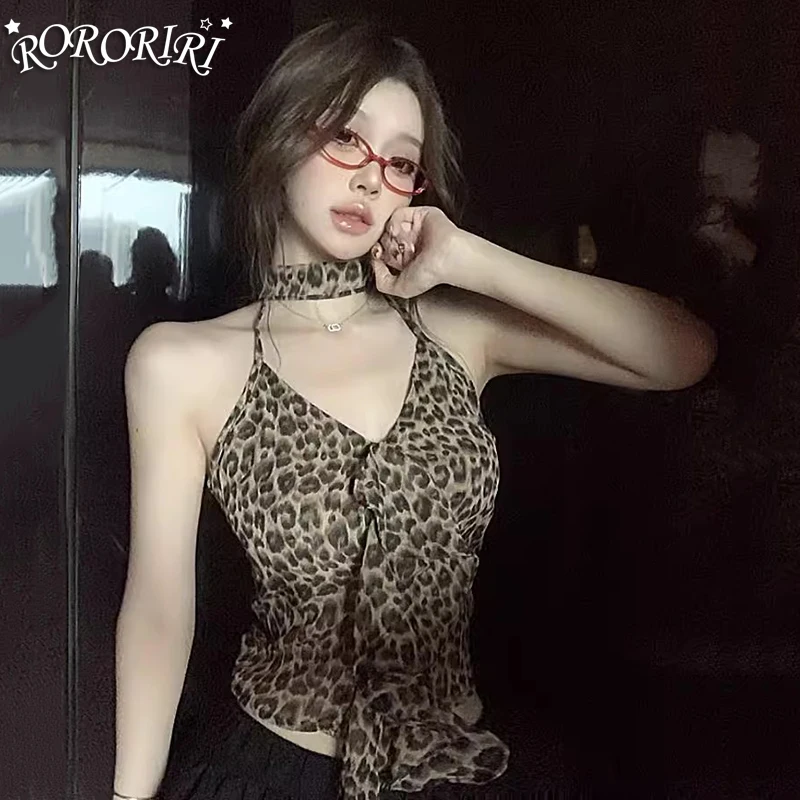 

RORORIRI 90s Retro Leopard Ruffled Crop Top for Women Scarf Neck Bandage Sleeveless Sling Vest Grayu Y2k Camisole Summer Clothes