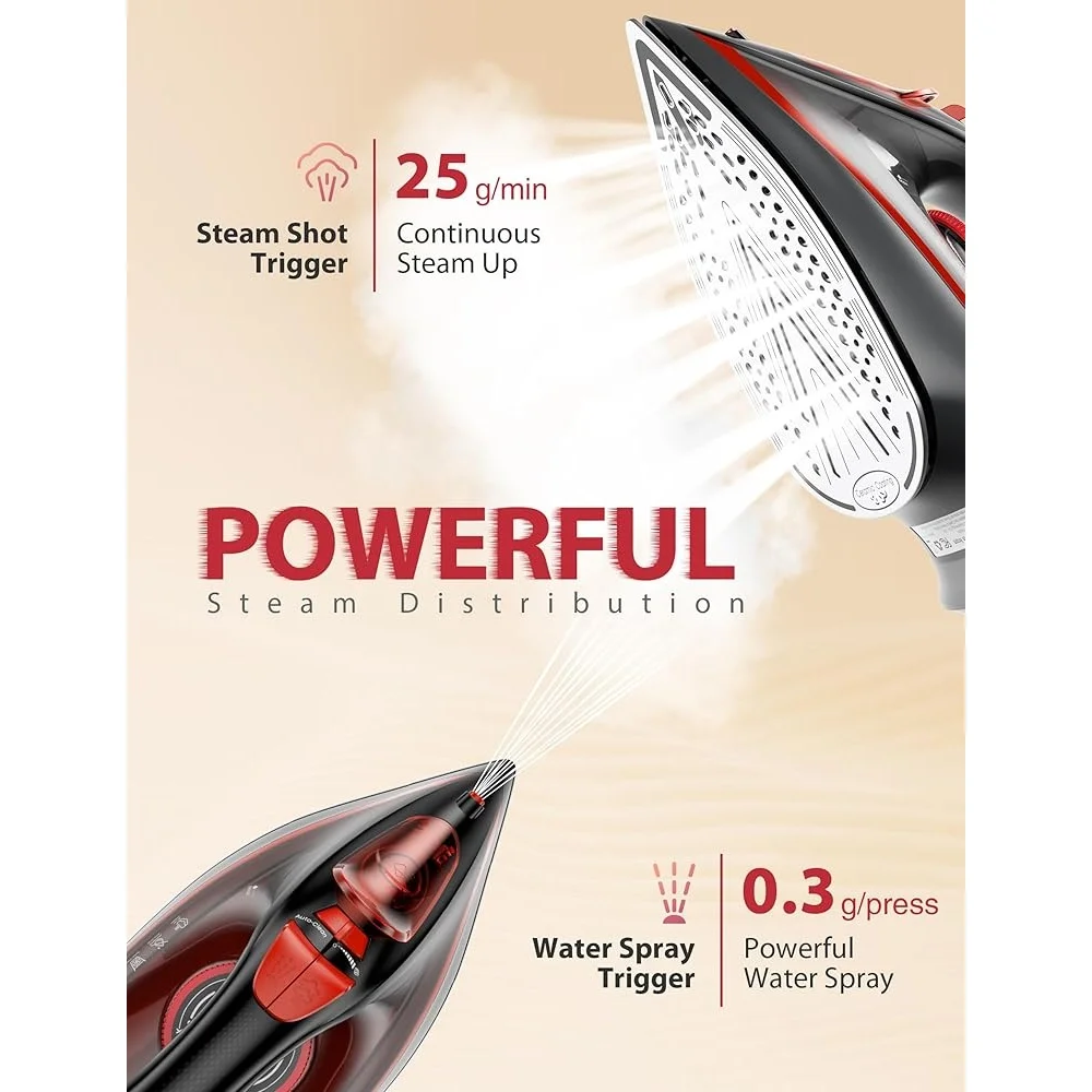 Plancha de vapor de calentamiento rápido con suela de cerámica, autolimpieza, apagado automático, tanque de agua grande de 1500W, termostato de precisión, vapor de 11,84oz