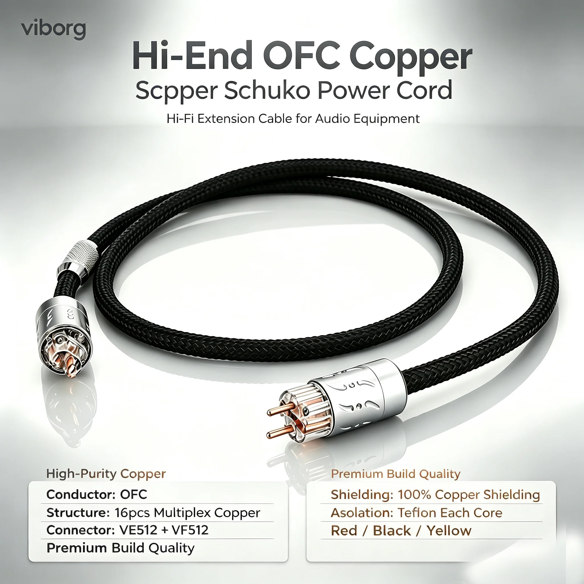 Viborg ETU-VP1501 Hi-End OFC Copper Schuko Power Cord Hi-Fi Extension Cable for Audio Equipment