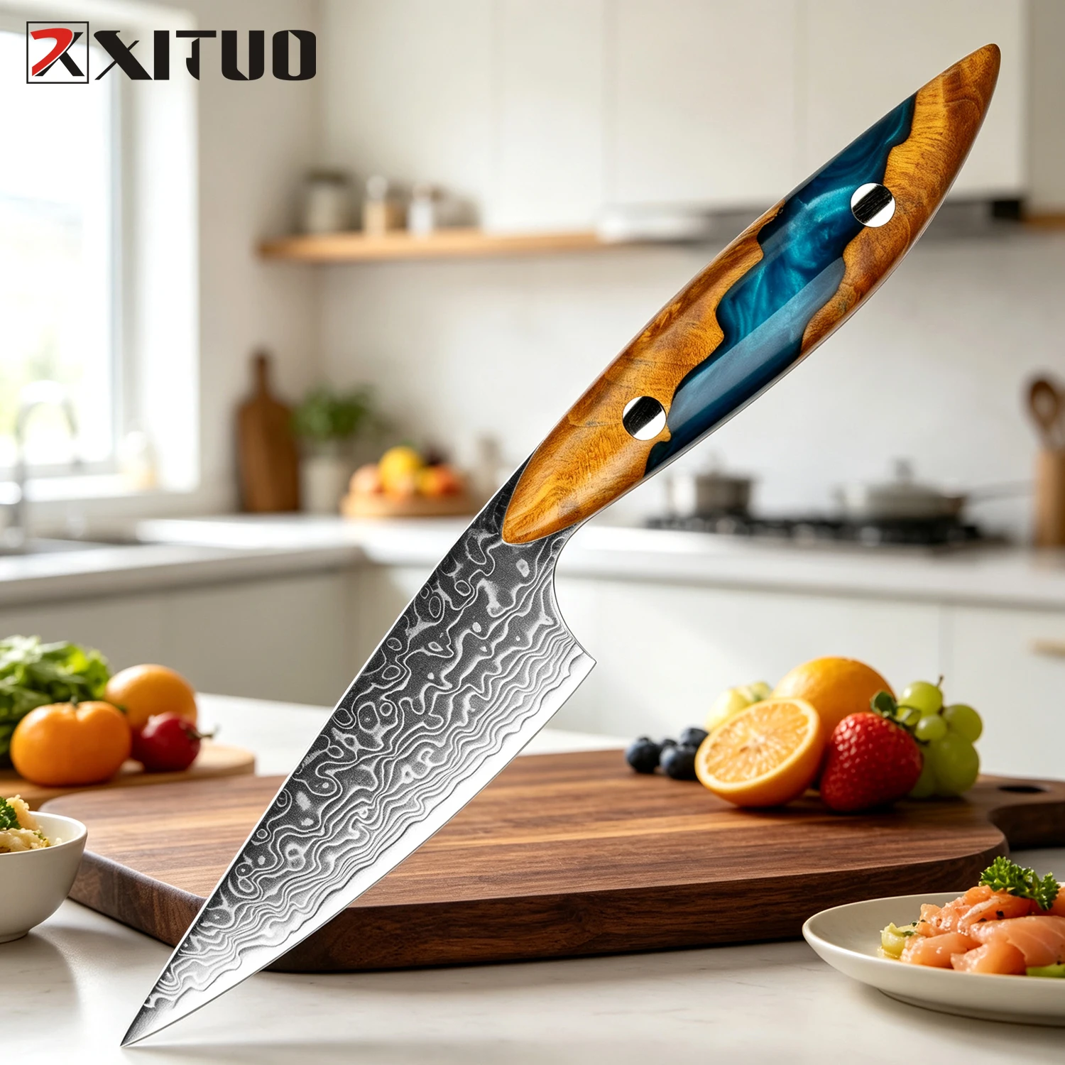 XITUO Japanese Paring Knife Damascus Steel Sharp, Kitchen 3.5 Inch Fruit Knife for Carving Peeling, Resin&Stabilized Wood Handle