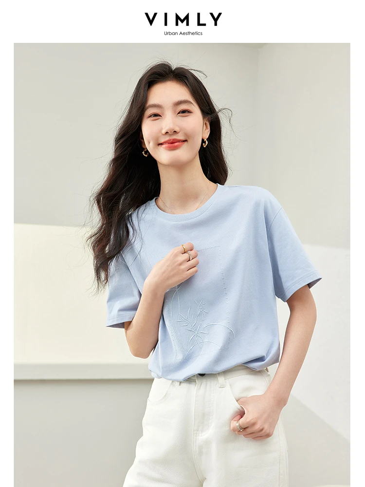 Vimly Summer T-shirt Women Light Blue Cotton 100% Embroidery Tees 2024 Solid Round Neck Pullovers Casual Short Sleeve Top M6911