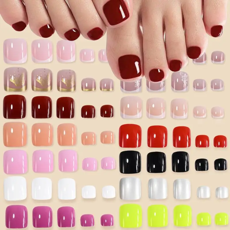 *96Pcs 4 Grid Short Square False Toenail Tips Full Cover Artificial Fake Toenail Acrylic Foot Nail Art Tip Extension Wearable