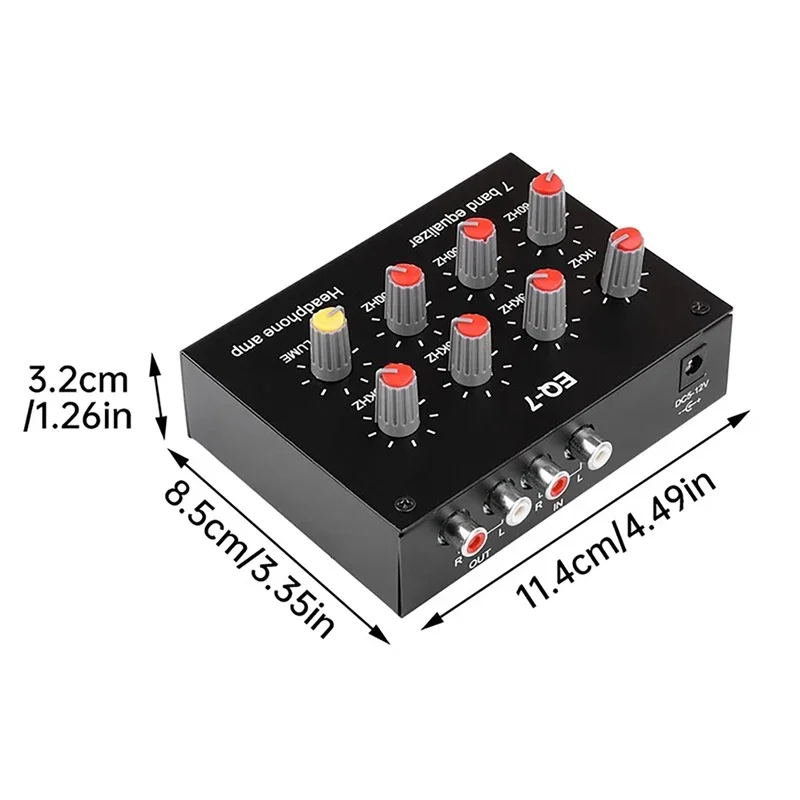 Stereo 7 Band Sound Equalizer RCA Output Input 12dB High Bass Adjustment Audio Amplifier Dual Channel Digital Equalizer