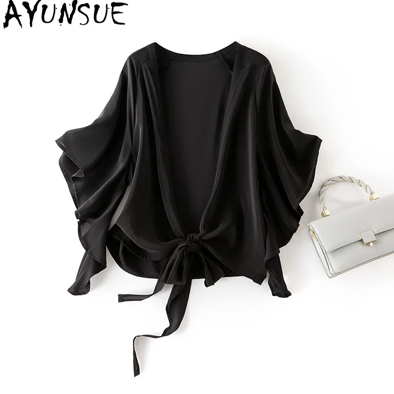 AYUNSUE 100% Silk Tops for Woman Stylish Summer Thin Shawl Solid Color Sunscreen Cardigan Casual Going Out Top Woman Clothes 