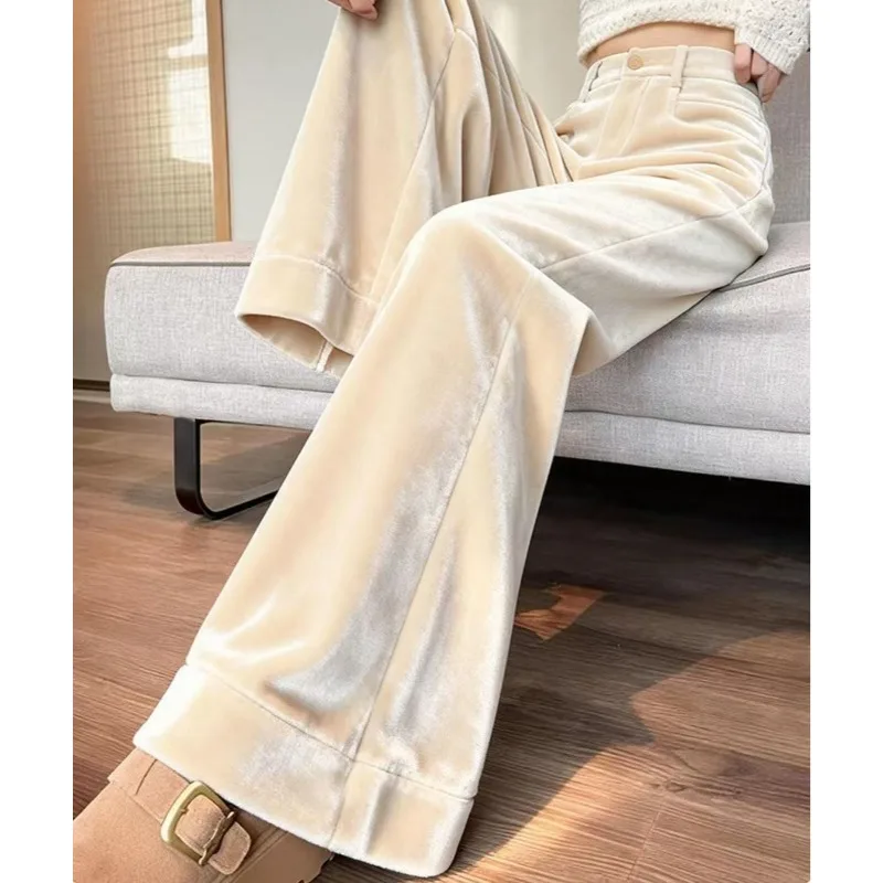 Apricot-colored Velvet Slightly Spicy Trousers for Winter Women Super Popular Fleece Narrow Straight-leg Wide-leg Long Trousers