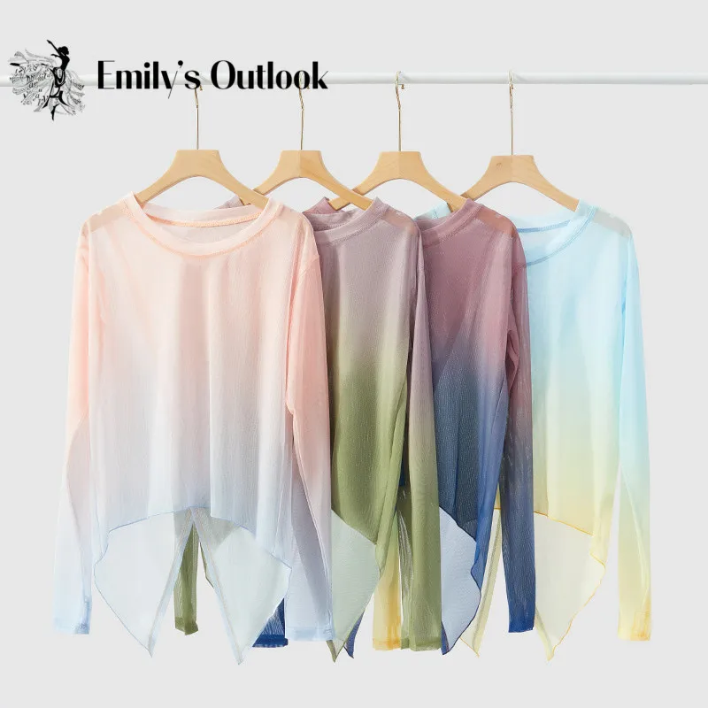 Gradient Gauze Top Women Classical Dance Practice Top Thumb Finger Hole Long Sleeve Folk Dancewear Sexy Transparent Asymmetrical