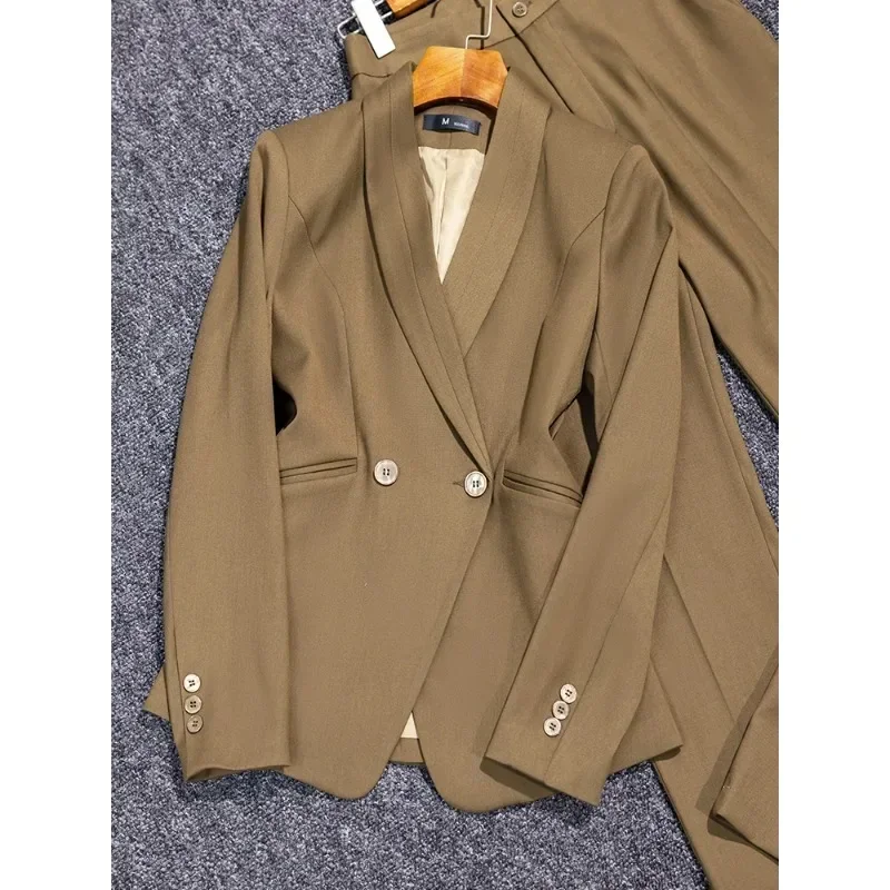 Conjuntos de blazer e jaqueta de peito duplo para mulheres, casaco formal, divisão traseira, marrom, terno de senhora do escritório, negócios, 2 peças, outono, inverno