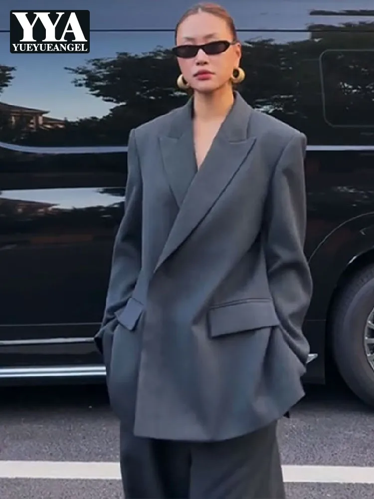 

Повседневные женские офисные рабочие серые костюмы, дизайнерские комплекты Harajuku, свободный крой, блейзеры средней длины, широкие брюки, модный комплект из двух предметов