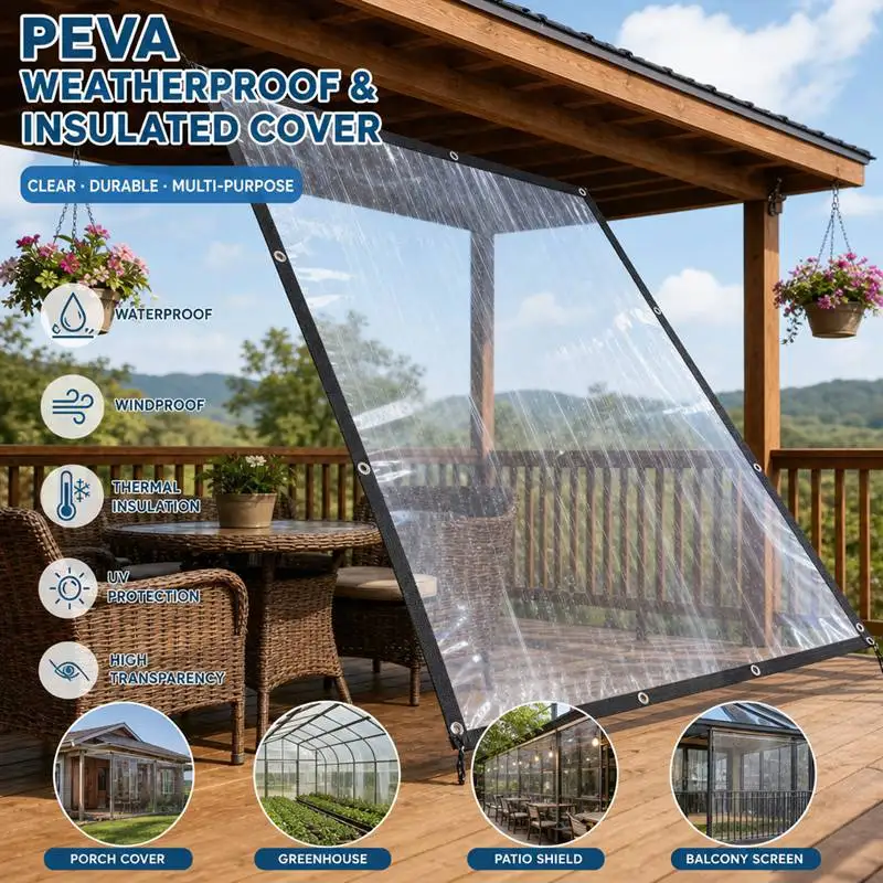 Telo in PEVA trasparente al 95% con occhielli, pellicola in PEVA trasparente da 0,12 mm, tessuto impermeabile, telo per pergolato da esterno, tenda, tettoia antipioggia, schermo antivento per finestre