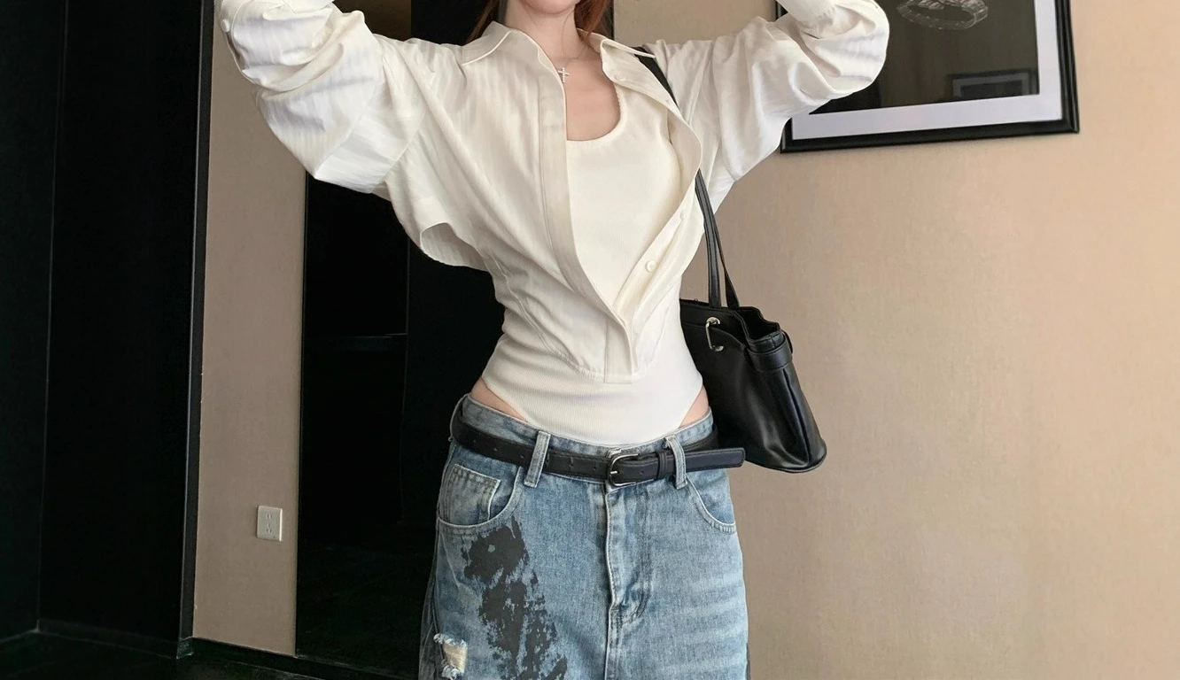 

Splicing Fake Two-piece Polo Collar Long-sleeved Shirt Women's Early Autumn Slim-fitting Waist Shirt White Top Onesie