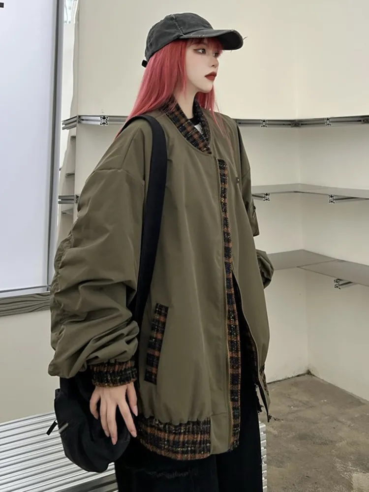 Patchwork Parkas Women Baggy Japanese Style High Street Harajuku Simple Slouchy All-match Preppy  Hipster Chic Autumn 2023