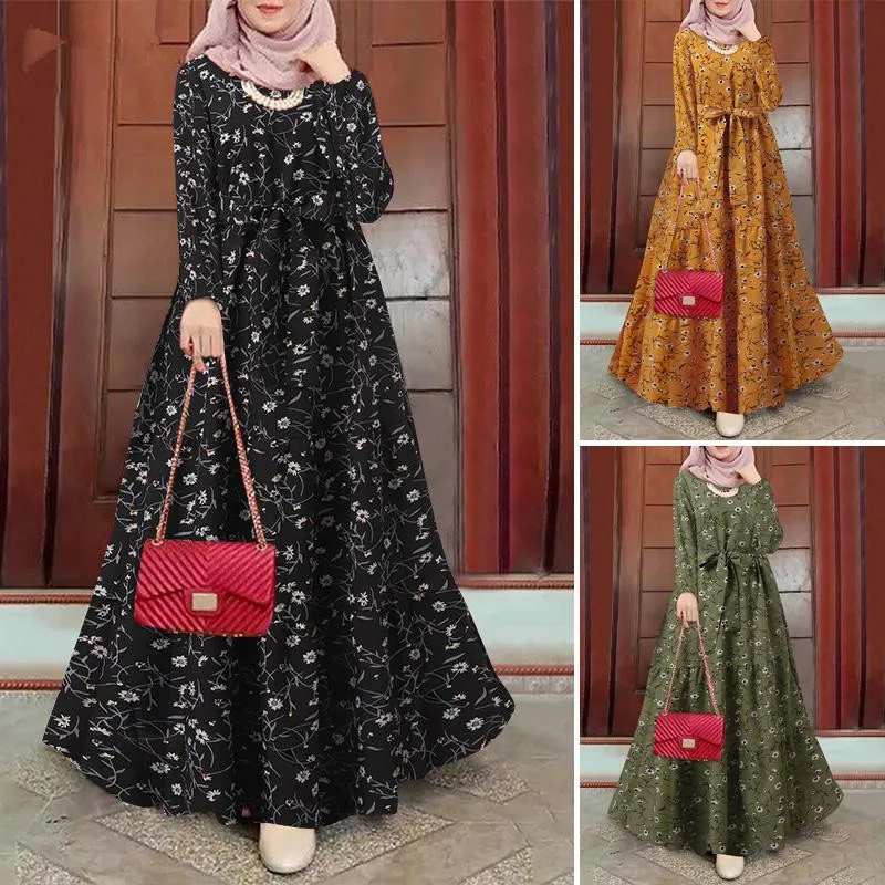 Muslim Abaya for Women Flower Print Dresses Arab Long Robe Lace Up Ramadan Morocco Dubai Abayas Kaftan Islam Vestidos Jalabiya