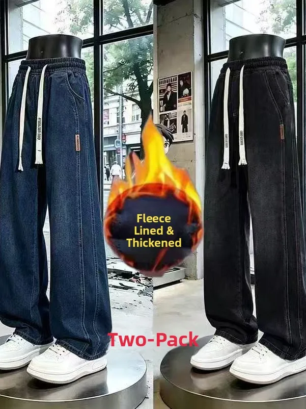 Retro American Washed Fleece Lined Casual Straight Leg Work Jeans Men's Autumn Winter Wide Leg Pants Comfortable Cotton Denim