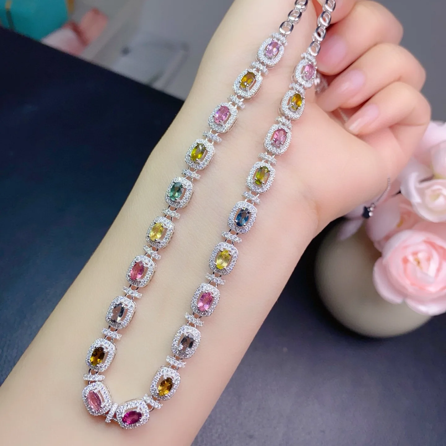 

S925 Silver Natural Tourmaline Necklace, 3x5mm Clean Crystal Gemstone Pendant with Certificate, Colorful Jewelry Gift for Women