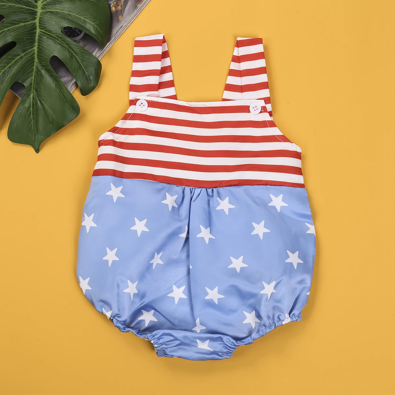 Newborn Color Block Romper Baby's Clothes Girl Sleeveless Star Stripe Print Square Collar Halter Playsuit 0-24 Months