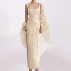 Customized Elegant Jersey Pleat Sequined A-line Square Neck Midi Dresses Evening Dresses Classic Exquisite Modern Style Pastrol