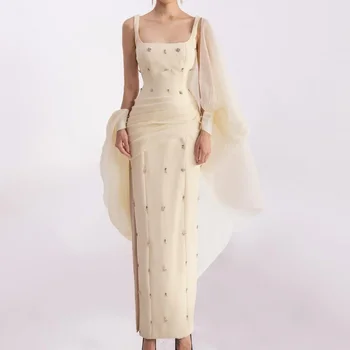 Customized Elegant Jersey Pleat Sequined A-line Square Neck Midi Dresses Evening Dresses Classic Exquisite Modern Style Pastrol