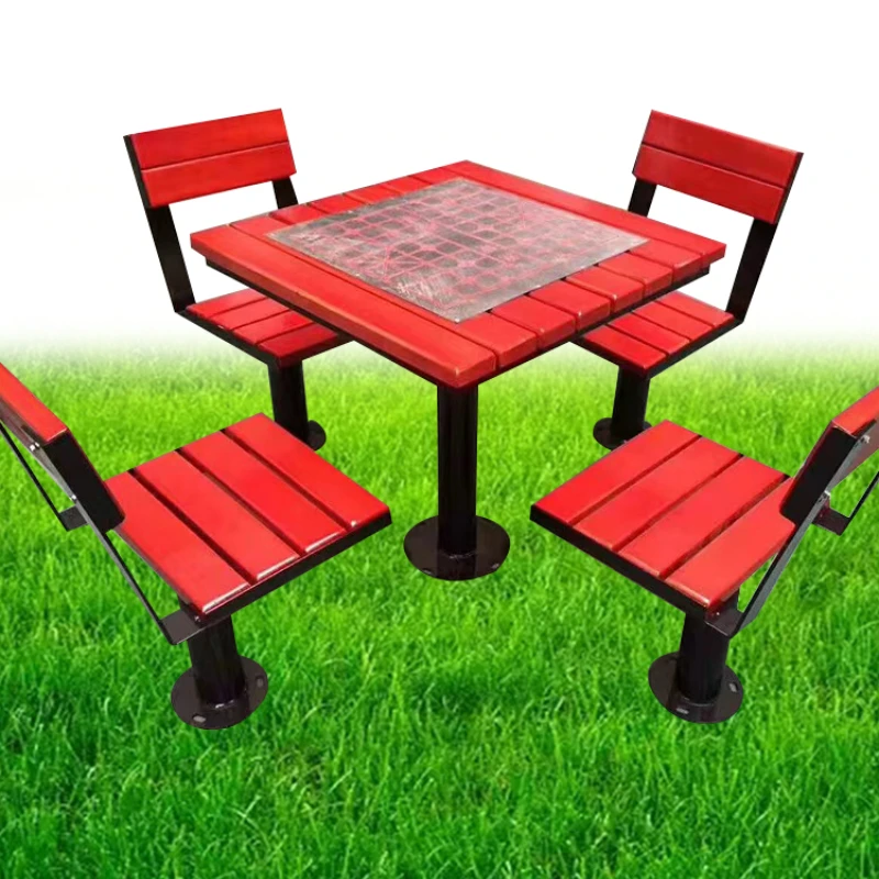 Park Community Outdoor Desk-Chair Courtyard Plastic Wood Movable Chess Table and Chair Combination Sets Table