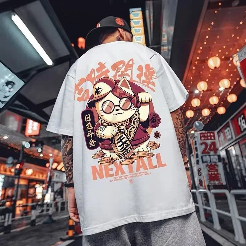 2023 Summer Men Kawaii Lucky Cat Printed T Shirt Homme Short Sleeve Hip Hop Streetwear T-Shirts Japanese Fashion Y2K Tee Shirt