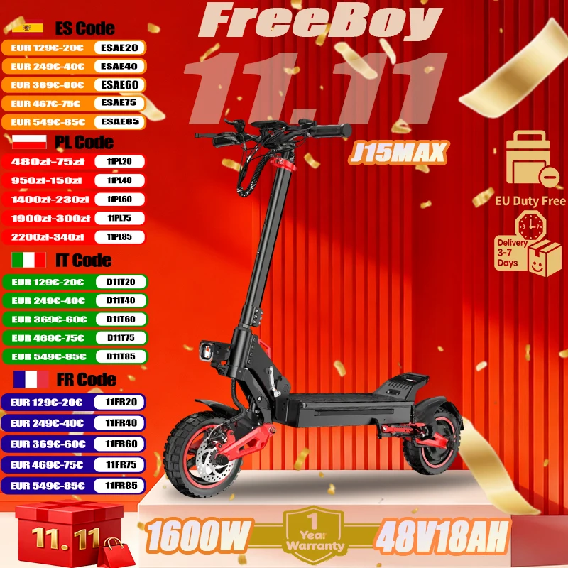 J15MAX Scooter électrique pliable Portable adulte Sports de plein air trajet e-scooter 1600WMotor 48V batterie pneus 11 pouces EScooter