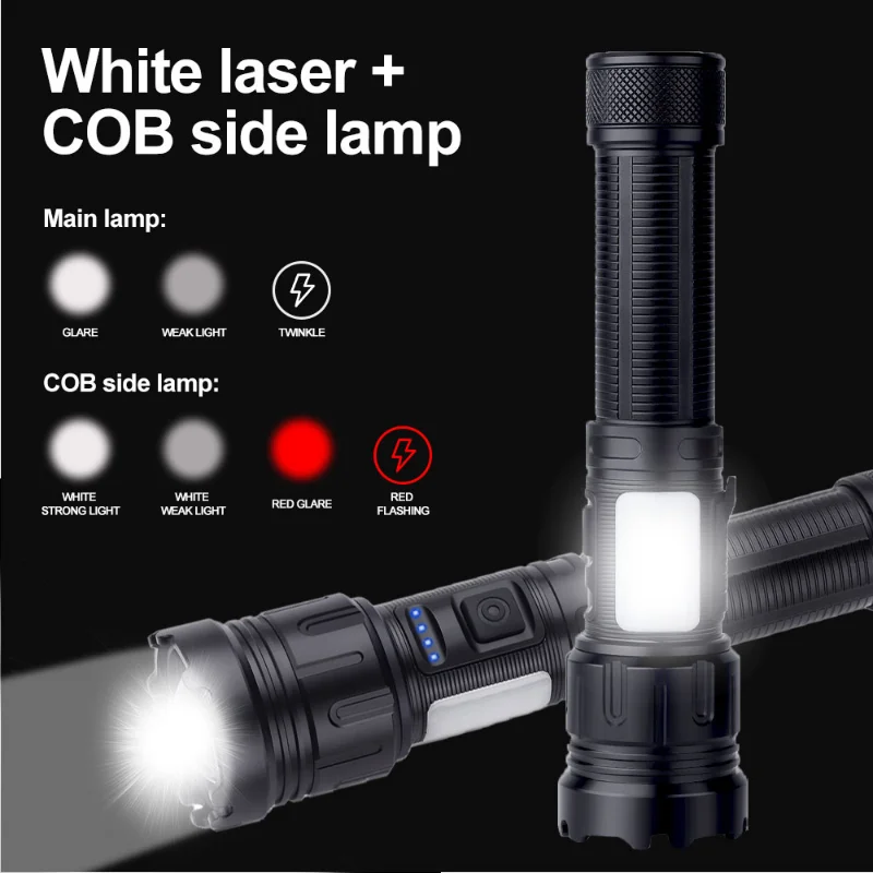 High Power Flashlight with COB Red Side Lamp Type-C Charging Torch Tactical 7 Modes LED Lantern Emergency Zoomable Light