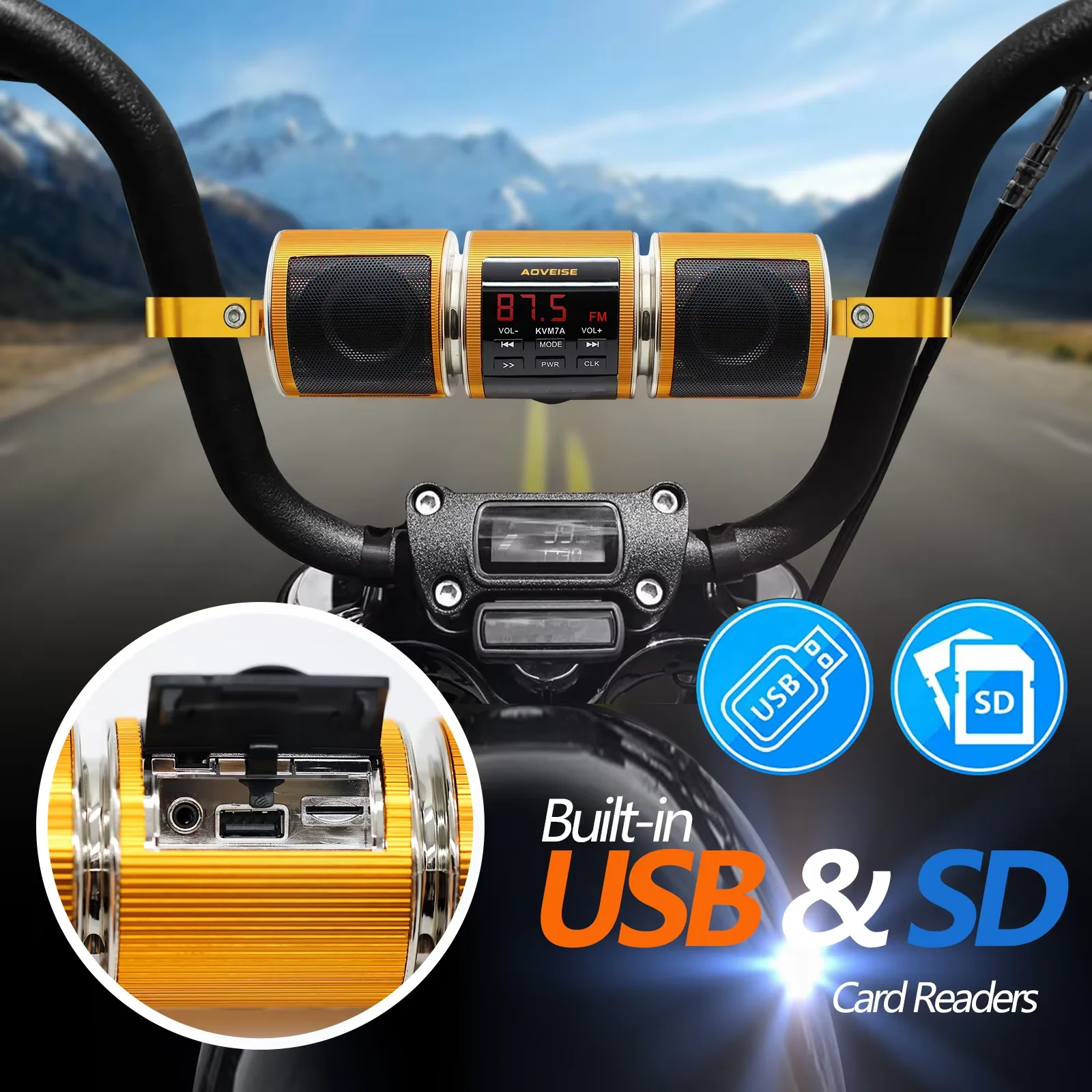 

1PCS Motorcycle Speakers IP65 Waterproof Motorcycle Bluetooth Audio System - Handlebar-Mounted Speakers with USB/TF/AUX/FM