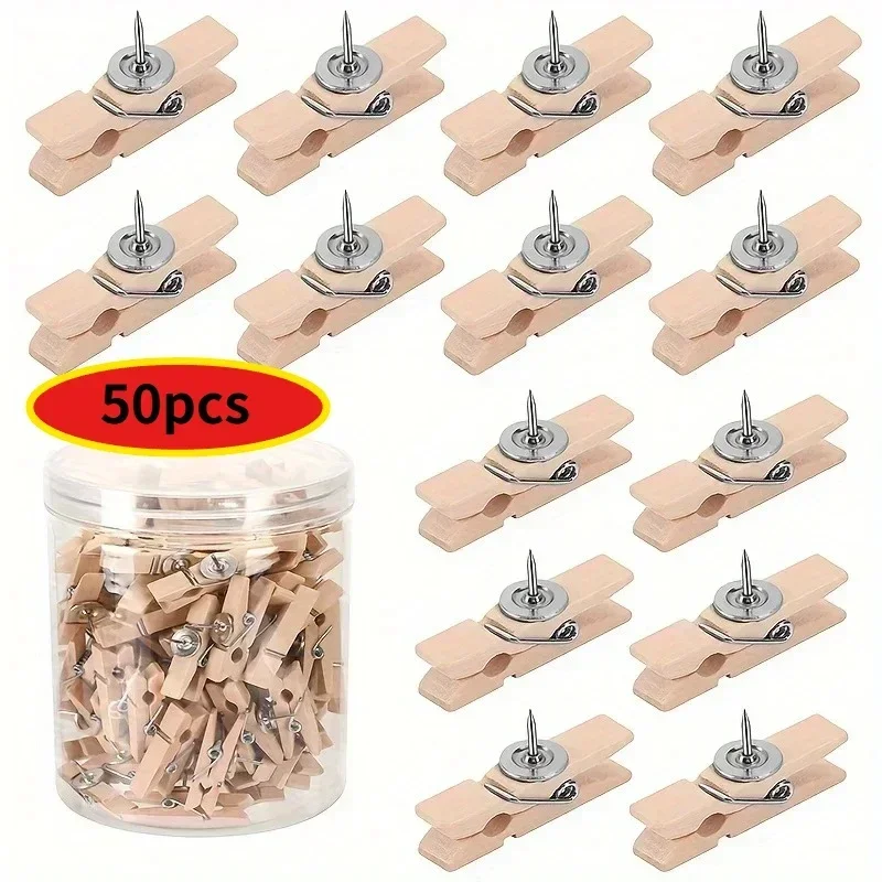 50Pcs/Box Clips Push Pin with Wooden Decorative Clips Durable Wooden Office School Stationery Thumb Tacks for Cork Blackboard