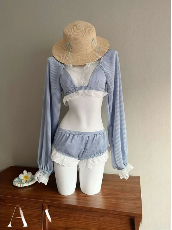 

Sexy V-Ne Crop Top Long Sve Bikini Pure Desire Blue Thermal Spa Vaion Swimming Suit Faionable Diary Two-Piece Swimsuit