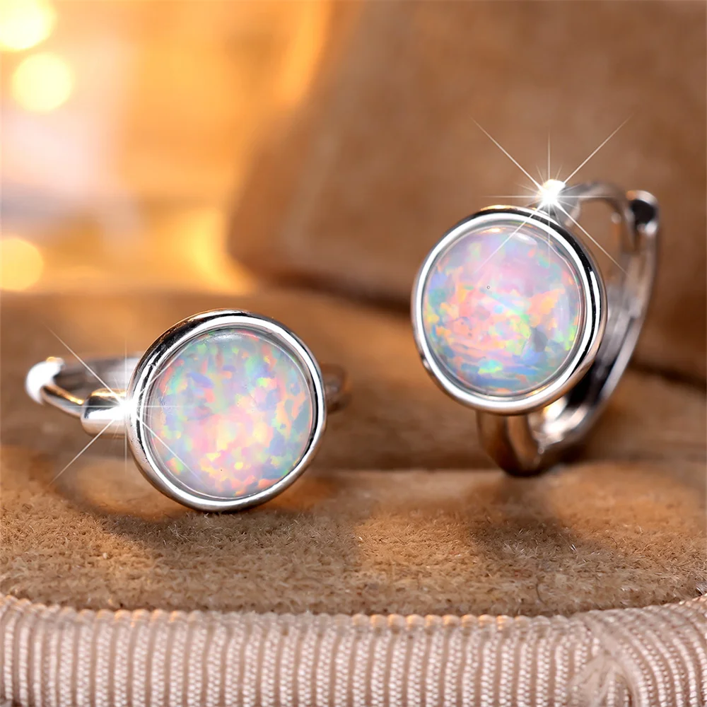 White Fire Opal Small Round Stone Hoop Earrings For Women Vintage Gold Silver Color Wedding Jewelry Gifts