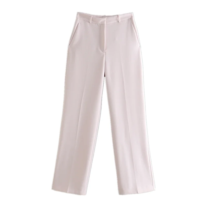 2022 Women's Fashion Solid Color Office Straight Pants Retro High Waist Zipper Ladies Trousers